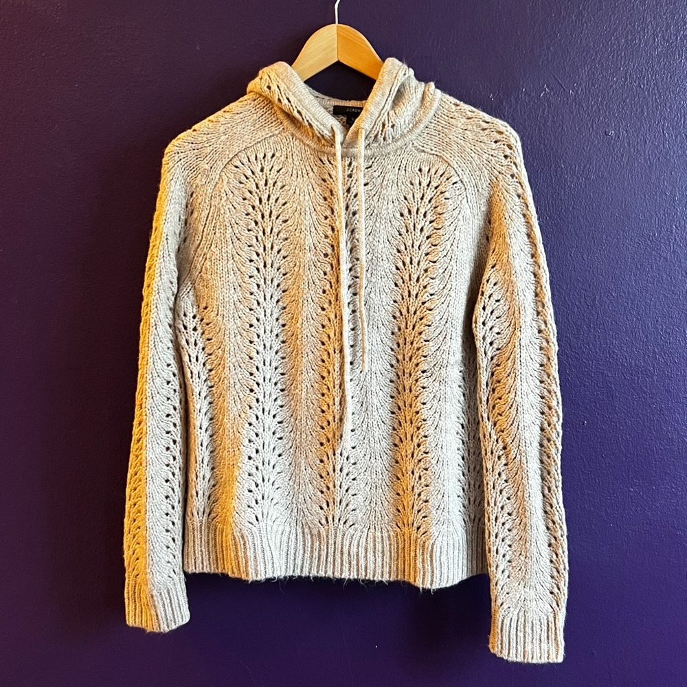 J. Crew Alpaca Blend Hoodie Sweater in Pointelle Stitch, Beige, Women's‎ Small